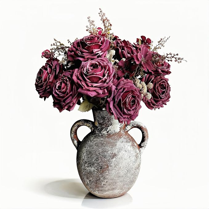 Flower Arrangement with Terracotta Vase, Pre-Arranged Faux Roses & Mixed Flowers Centerpiece for Rustic Farmhouse Table Decor/15”