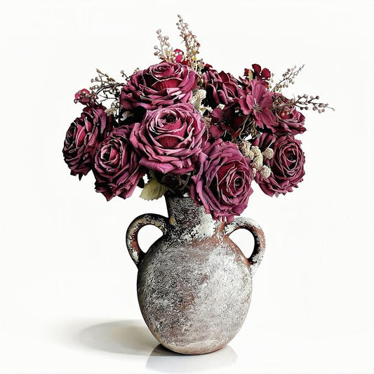 Flower Arrangement with Terracotta Vase, Pre-Arranged Faux Roses & Mixed Flowers Centerpiece for Rustic Farmhouse Table Decor/15”