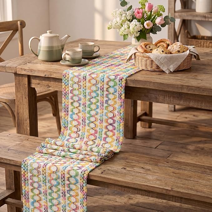 Artoid Mode Colorful Farmhouse Woven Rustic Hollow Spring Table Runner, Seasonal Summer Pride Month Holiday Kitchen Dining Table Decoration for Home Party Decor 12x60 Inch