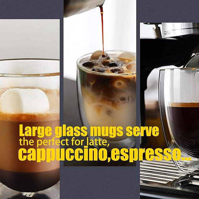 PunPun 12.9OZ. 380ml Clear Coffee Mugs, Glass Cups for Latte, Double Wall Glass with Big Handle, Clear Mugs for Iced Coffee or Hot Beverages, Espresso Cups Each Set of 4