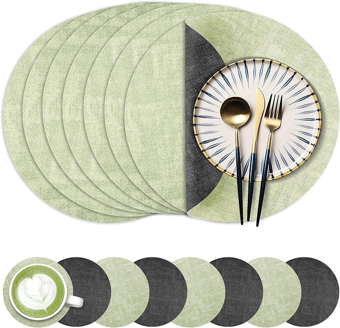 13-Inch Faux Leather Round Placemats Set of 8, Waterproof Anti-Slip Dual Sided Place mats, Heat Resistant Washable Table Mats with Coaster, Suitable for Indoor & Outdoor (8, Black Light Green)