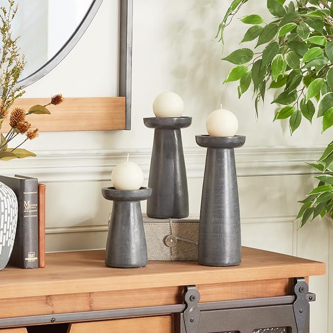 CosmoLiving by Cosmopolitan Mango Wood Decorative Candle Holder Pillar Candle Stand, Set of 3 Candlestick Holder 10", 8", 6" H, Dark Gray