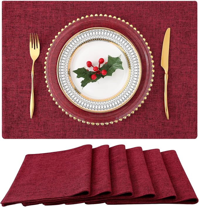 homing Faux Cotton Linen Placemats Set of 6, Cloth Washable Farmhouse Dining Table Mats for Indoors & Outdoors, Easy to Clean, Red, 13 x 19 Inch