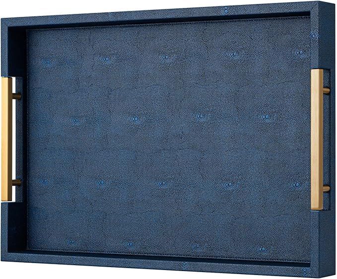 Navy Blue Faux Leather Serving Tray with Handles – Large Decorative Tray for Coffee Table, Ottoman, Living Room, Bathroom – Home Decor