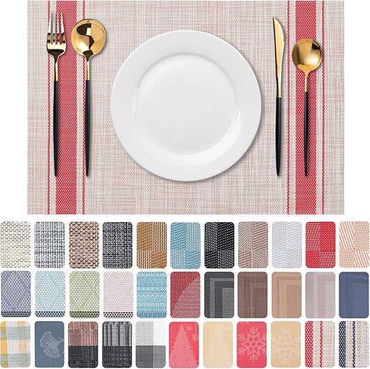 CADONO Placemats Set of 6 Washable Indoor/Outdoor Vinyl Place Mats for Dining Table Durable Non-Slip Heat Resistant PVC Weave Table Mats（Stripes-Red）