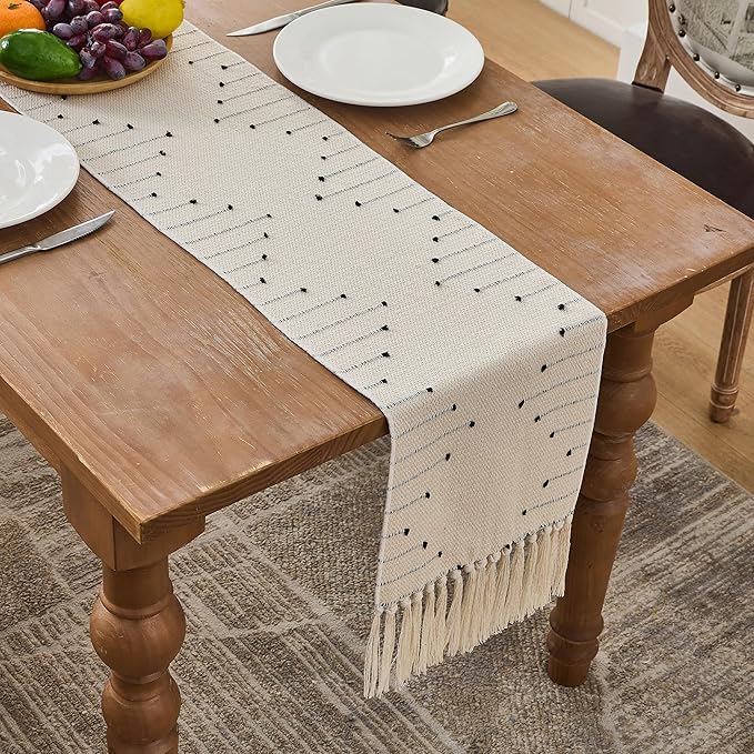 Table Runner 90 Inches Long, Boho Style with Handmade Tassels, 70% Cotton & 30% Linen, Modern Farmhouse Home Decor for Living Room (Beige Black, 12x90 Inch)