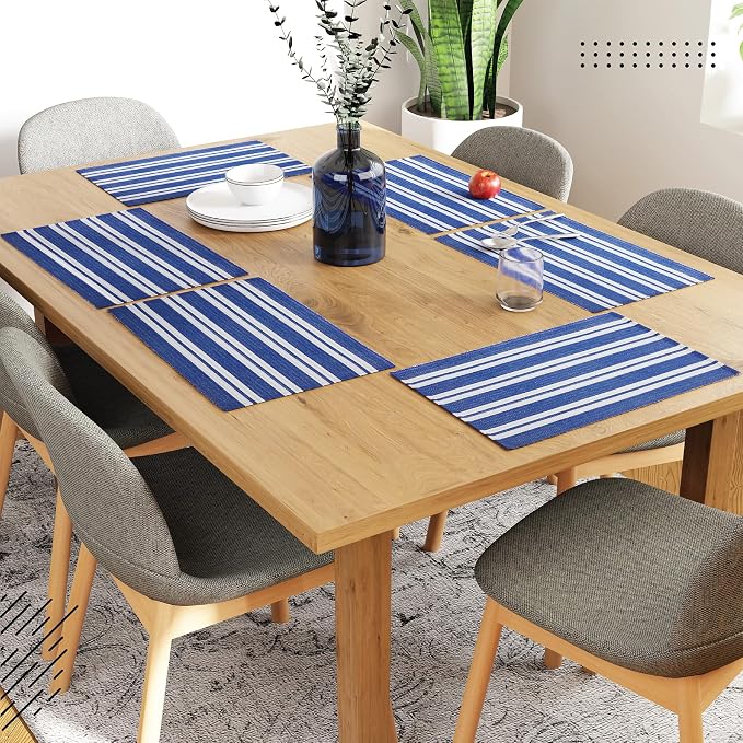 Encasa XO Dining Placemat Set of 6 | Franca Blue Stripes Color | Fine Ribbed Cotton Table mat | Size 19x13 in | Machine Washable