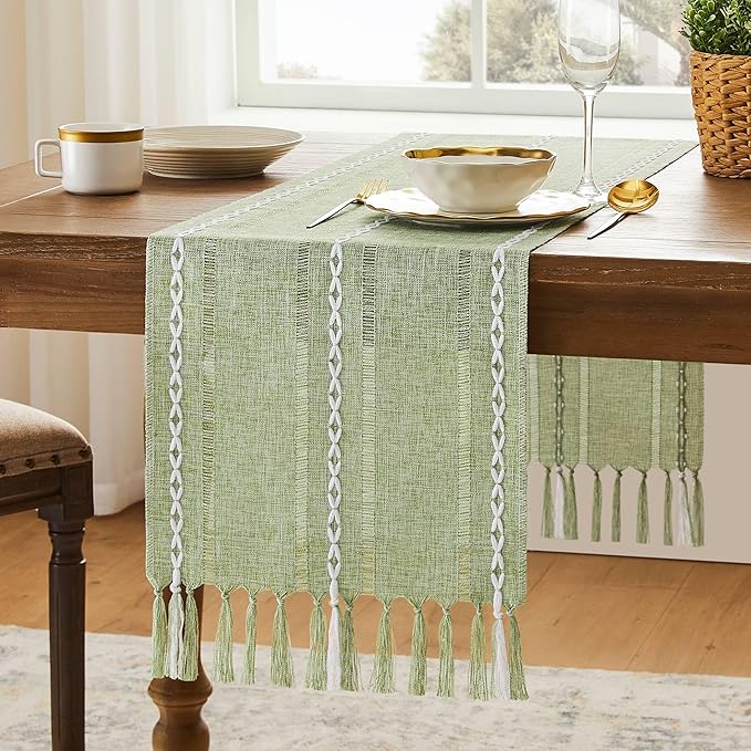 Hemstitched Farmhouse Table Runner, Sage Green 13x72 Inch, Cotton Linen Table Runners 72 Inches Long, Embroidered Striped Sage Green Boho Table Runner Rustic Home Decor