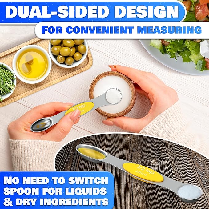 8 Pcs Magnetic Measuring Spoons Set Stainless Steel – Magnet Measuring Spoons 1/8 Tsp–1 Tbsp with Dual-Sided Design – Fits Narrow Spice Jars | Dry & Liquid Ingredients | Kitchen Ladle Gift Ideas