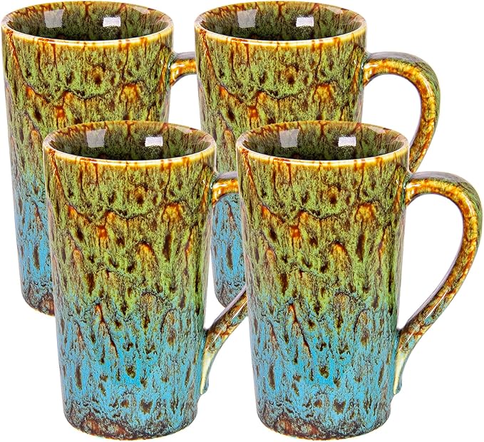 20oz Porcelain Coffee Mugs Set of 4, Large Tall Coffee Mugs with Handles, Modern Ceramic Coffee Cups for Tea, Cocoa, Milk, Gifts for Women Men - Green & Blue