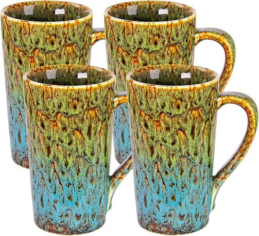 20oz Porcelain Coffee Mugs Set of 4, Large Tall Coffee Mugs with Handles, Modern Ceramic Coffee Cups for Tea, Cocoa, Milk, Gifts for Women Men - Green & Blue
