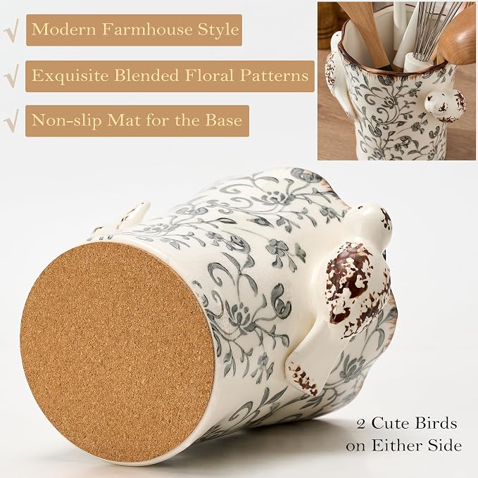 6.34'H Utensil Holder for Kitchen Counter, Modern Farmhouse Cooking Utensil Holder and Crock Home Kitchen Decor, Ceramic Utensil Organizer for Spatula, Ladle, Rolling Pin- Gray Flower Patterns