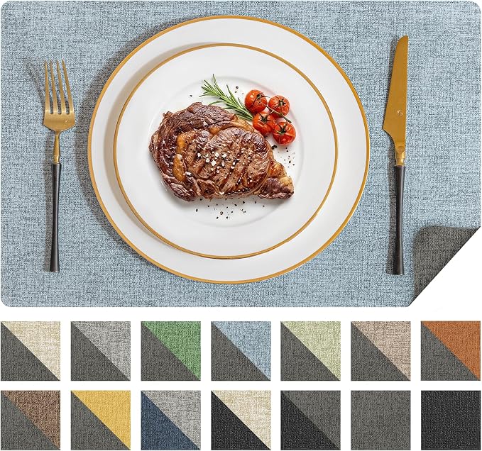 Romanstile Vinyl Placemats Set of 6, Reversible Faux Leather Heat Resistant Wipeable Table Mats, Waterproof Washable Non-Slip Table Placemats for Dining/Kitchen/Outdoor (Grey Sky Blue, 12" x 17")