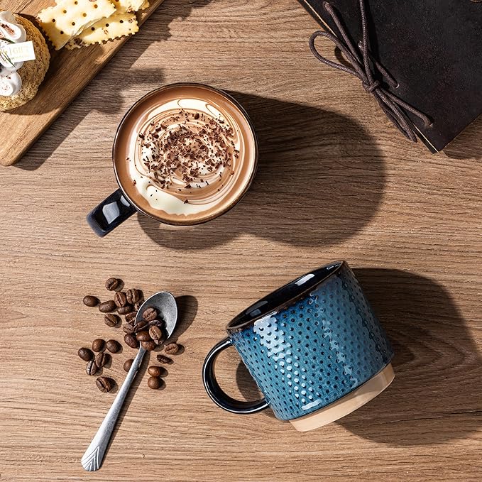 GBhome 12 OZ Stackable Coffee Mugs, Ceramic Coffee Mugs with Texture Patterns for Man,Woman,Dad,Mom, Modern Coffee Mugs Set of 4 for Latte/Cappuccino/Cocoa. Dishwasher&Microwave Safe