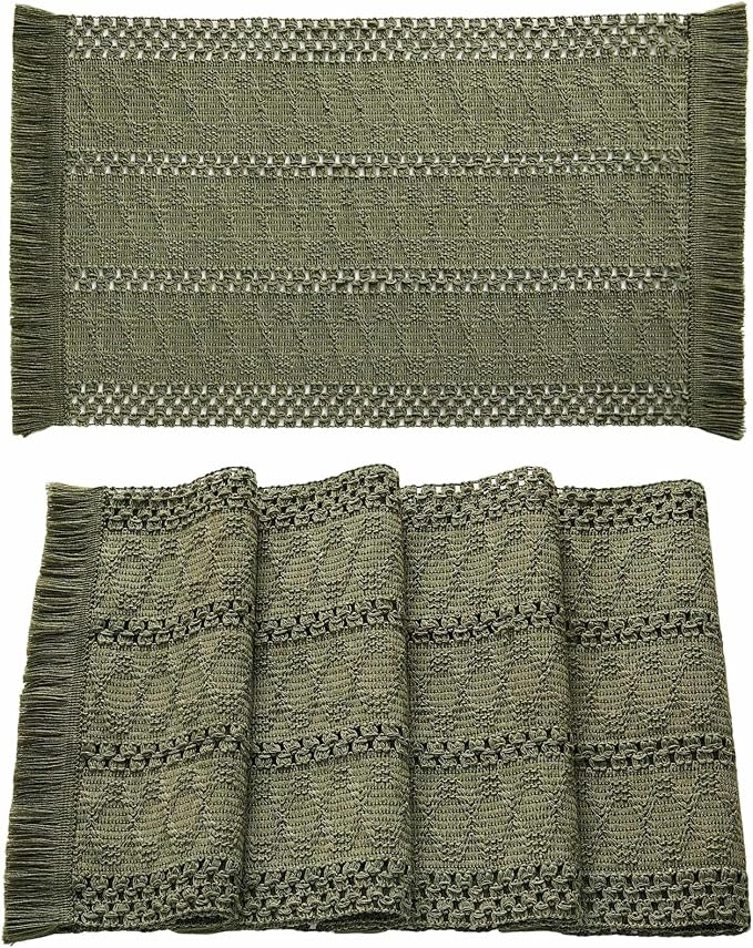 ZeeMart Macrame Style Boho Placemats Set of 4, Moss 12x20 Inch | Decorative Farmhouse Table Mats, Natural Cotton Woven Place Mats, Bohemian Home Decor for Kitchen Dining Table