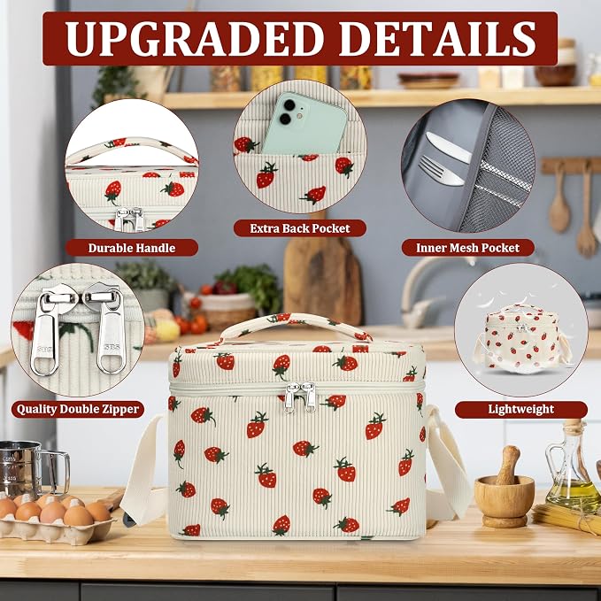 TESAFNG Insulated Lunch Bag for Women, Cute Corduroy Reusable Lunch Box for Adult, Leakproof Cooler Bag for Work Office Travel Picnic, Lunch Tote Bag with Adjustable Shoulder Strap (Strawberry)