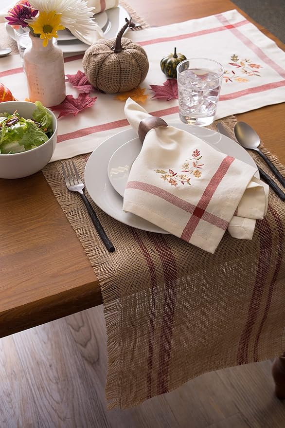 DII Jute Burlap Collection Kitchen Tabletop, Table Runner, 14x108, Double Border Barn Red