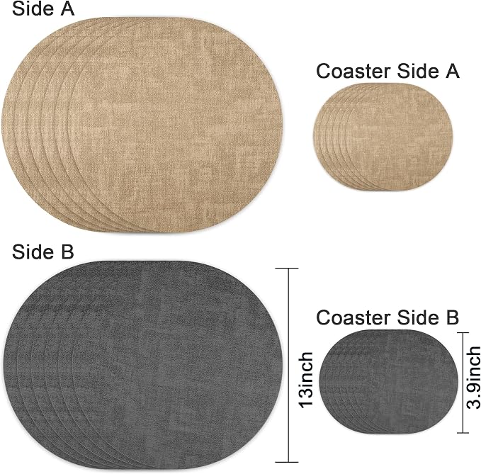 13-Inch Faux Leather Round Placemats Set of 6, Waterproof Anti-Slip Dual Sided Place mats, Heat Resistant Washable Table Mats with Coaster, Suitable for Indoor & Outdoor (6, Black Light Coffee)