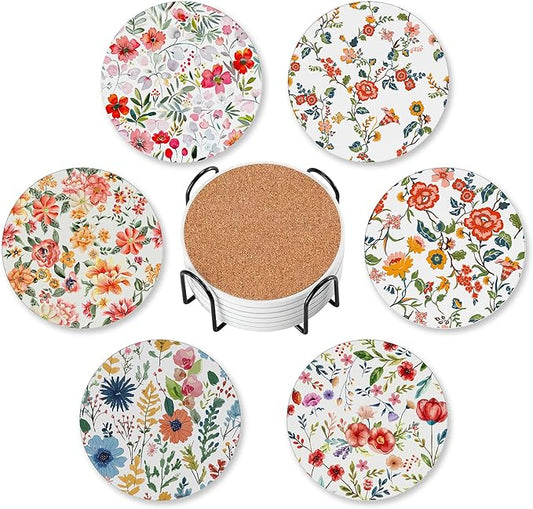 6 Pcs Drink Coasters with Holder,Abstract Flower Absorbent Round Ceramic Coaster for Tabletop Protection,for Coffee Cup Beverage Coasters Wine Beer Bar