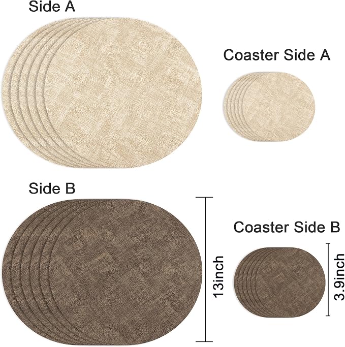 13-Inch Faux Leather Round Placemats Set of 6, Waterproof Anti-Slip Dual Sided Place mats, Heat Resistant Washable Table Mats with Coaster, Suitable for Indoor & Outdoor (6, Beige Dark Coffee)