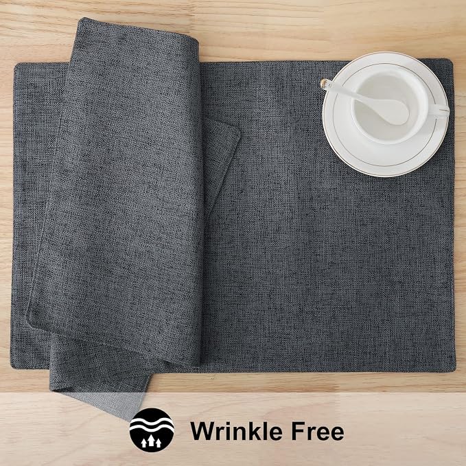 homing Faux Cotton Linen Placemats Set of 4, Cloth Washable Farmhouse Dining Table Mats for Indoors & Outdoors, Easy to Clean, Charcoal, 13 x 19 Inch