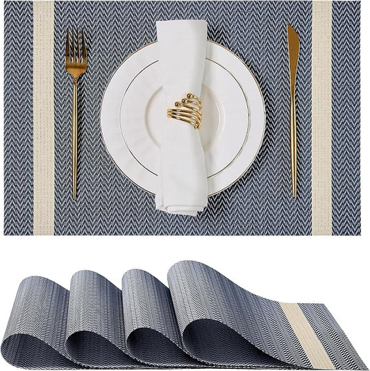 Leetaltree Dark Blue Vinyl Woven Placemats Set of 4 - Washable Dining Table Place Mats Striped, Suitable for Wedding, Anniversary, Daily Use