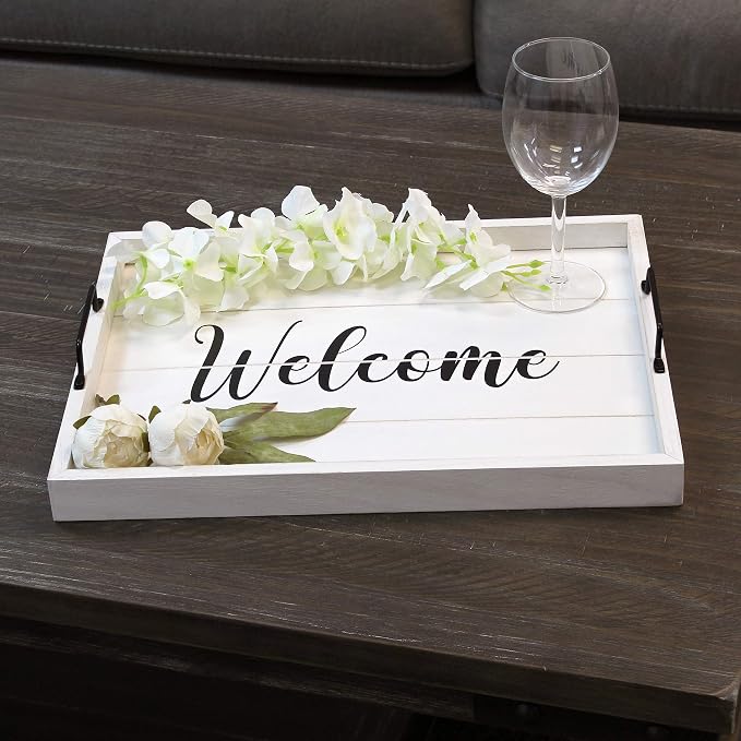 Elegant Designs HG2000-WWC 15.50" x 12" Decorative Wood Serving Tray w/Handles, White Wash Welcome