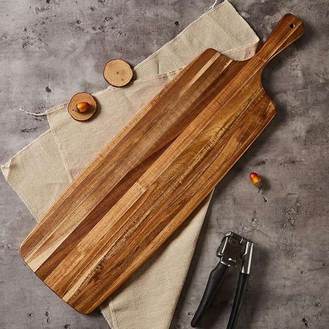 Acacia Wood Cutting Board and Large Charcuterie Board with Handle - Long Serving Board for Veggies, Bread, Cheese Board, Appetizers, and Picnic Celebrations, 24x7 Inch