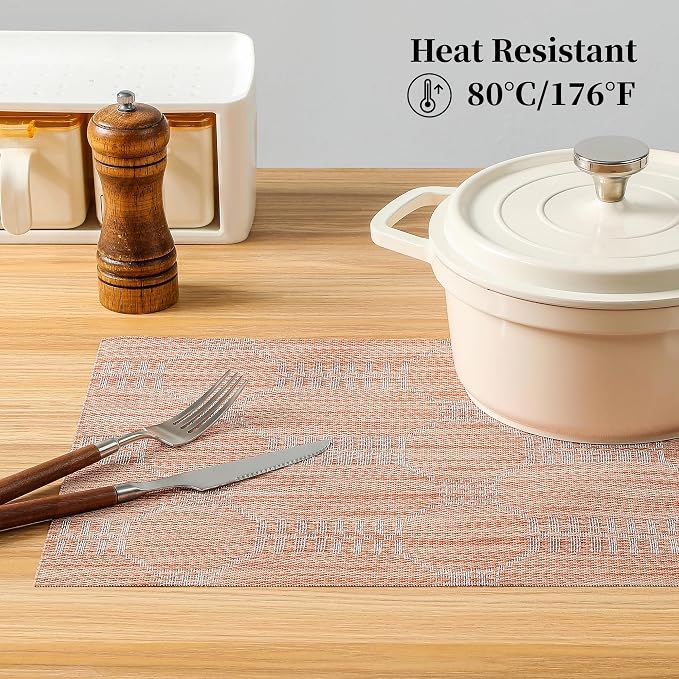 Leetaltree Coral Placemats Set of 8 - Heat Resistant Non-Slip Place mats for Dining Table, Washable Durable PVC Vinyl Woven Table Mats（Coral, 8）
