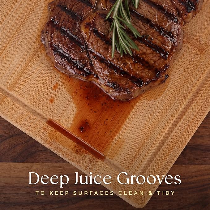 Deer & Oak Large Bamboo Chopping Board 15" x 9.8" x 0.8", Premium Wooden Kitchen Cutting Board for Meat & Vegetables, Pre-Oiled, Water Resistant, Knife-Friendly