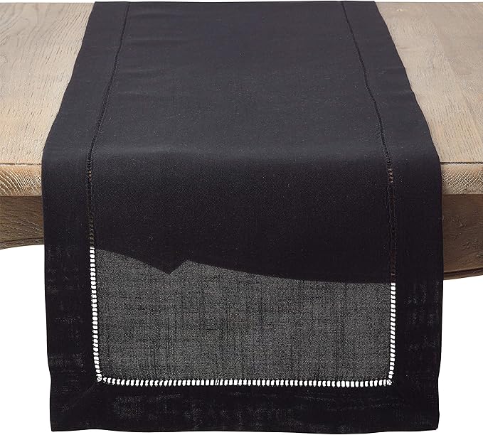 SARO LIFESTYLE Hemstitched Border Table Runner, Black, 16"x90"
