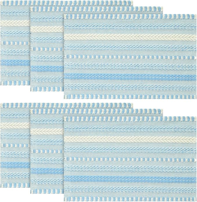 Artoid Mode Sky Blue Farmhouse Woven Braided Stripe Placemats Set of 6,12x18 Inch Seasonal Holiday Table Mats Party Kitchen Dining Decoration