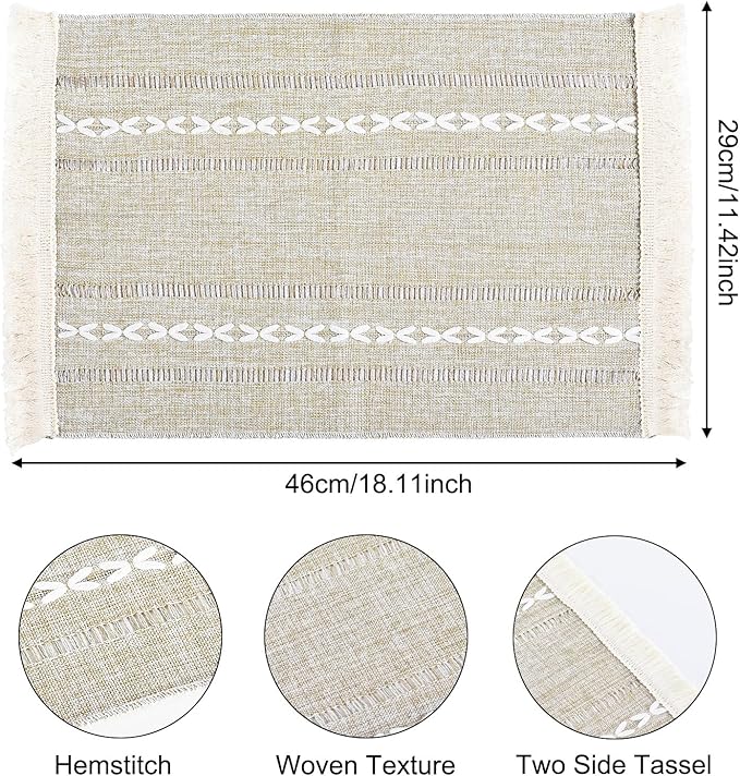 Placemats Set of 6, Boho Hemstitch Place Mats with Fringe, Washable Cotton Linen Table Mats for Dining Table, Rustic Farmhouse Kitchen Decor Home Decor