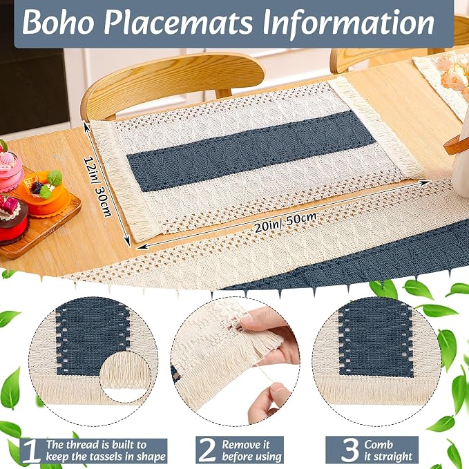 Boho Placemats 4/6/8 Set of Round Woven Placemat Macrame Style Bicolor Stitching Long Table Runner Farmhouse Rustic Natural Burlap Cotton for Kitchen Dining Table(6 Sets,Blue,12x72)