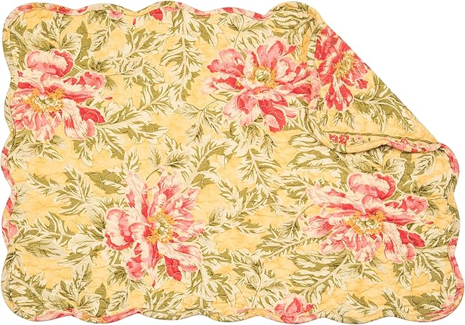 C&F Home Freya Green Leaves & Pink Flowers Vintage Design Quilted 100% Cotton Set of 6 Placemats 13" x 19" Spring Floral Fall Autumn Harvest Thanksgiving Kitchen Tabletop Reversible Machine Washable