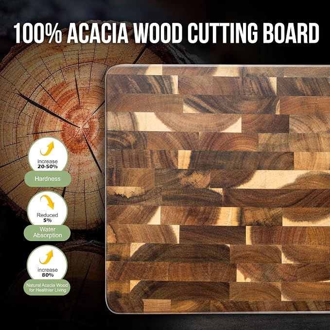 James.F Wood Cutting Board for Kitchen with Side Handles,End Grain Cutting Boards, Acacia Wooden Butcher Block, Large Chopping Board for Meat Bread Cheese(15.74"x11"x1")
