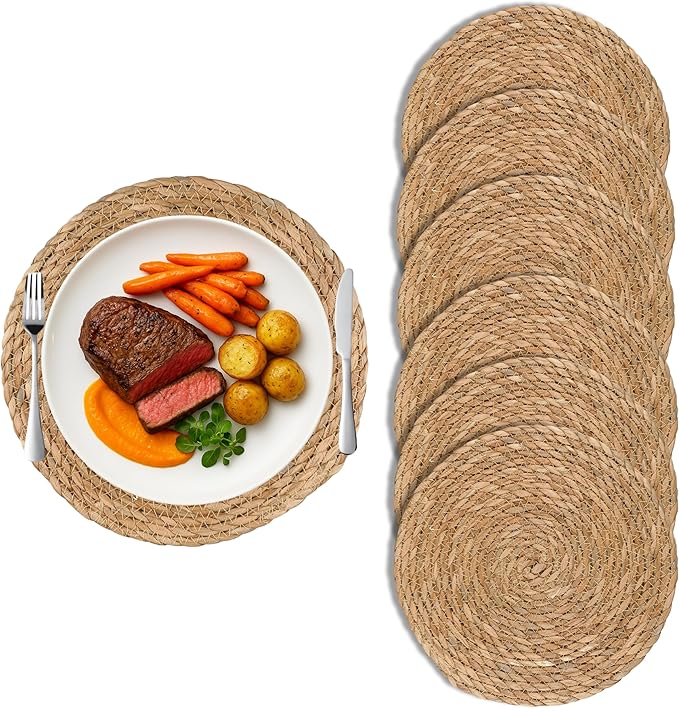 13 inch Round Woven Placemats Set of 6, Natural Hand-Woven Water Hyacinth Boho Rattan Placemats, Chargers for Dinner Plates, Farmhouse Weave Place Mats, Rustic Wicker Table Mats Decor for Home,Wedding