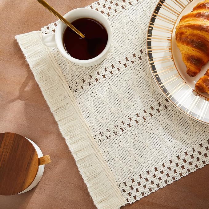 ZeeMart Macrame Style Boho Placemats Set of 6, Ivory 12x20 Inch | Decorative Farmhouse Table Mats, Natural Cotton Woven Place Mats, Bohemian Home Decor for Kitchen Dining Table