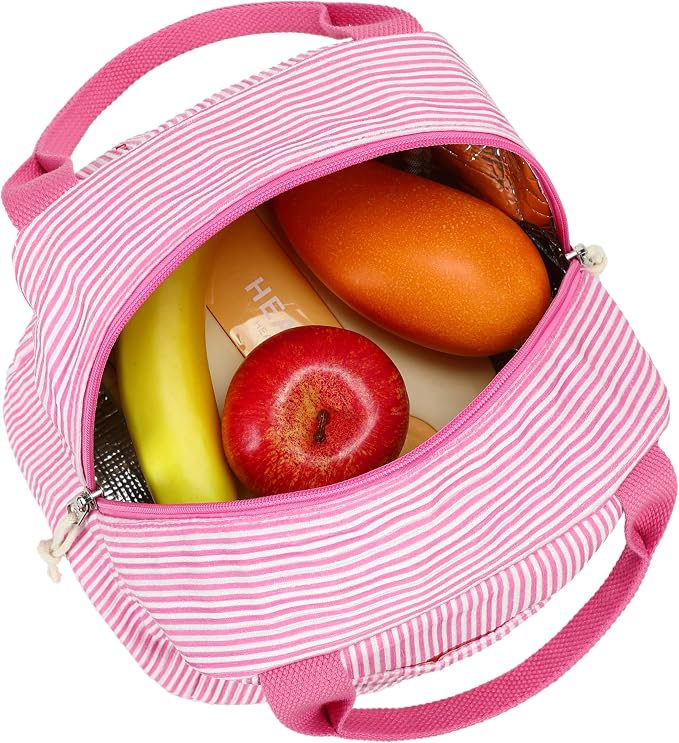 LEDAOU Lunch Box for Women Insulated Lunch Bag Corduroy Lunch Tote Bags Leakproof Cooler Lunch Case for Travel Work Picnic (K-Stripes-Pink)
