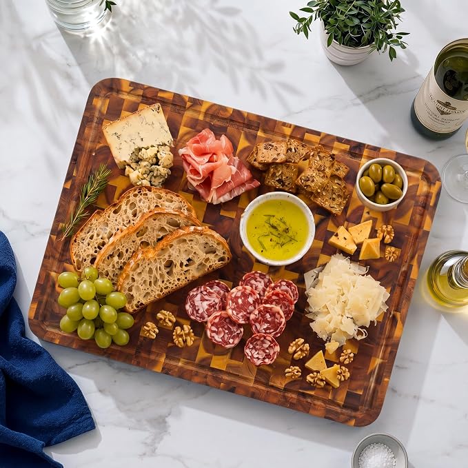 HOMESTEAD End Grain Acacia Wood Cutting Board 23x18x1.5, Reversible Butcher Block Board for Kitchen with Deep Juice Groove, Handles, Knife-Friendly Surface for Meat Chopping and Charcuterie Serving