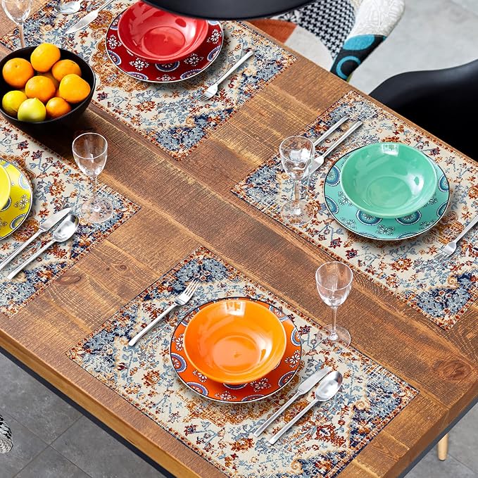 Ethnic Boho Placemats Set of 6 Bohemian Carpet Vintage Orange Grey Floral Linen Washable Kitchen Dining Table Mats Stain Heat-Resistant Desktop Decor Place Mats for Home Party Indoor 12x18 in