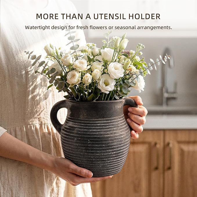 Rustic Utensil Holder for Kitchen Counter - Large Ceramic Farmhouse Cooking Utensil Crock & Organizer for Spatula, Spoon-Vintage Kitchen Decor (Charcoal)