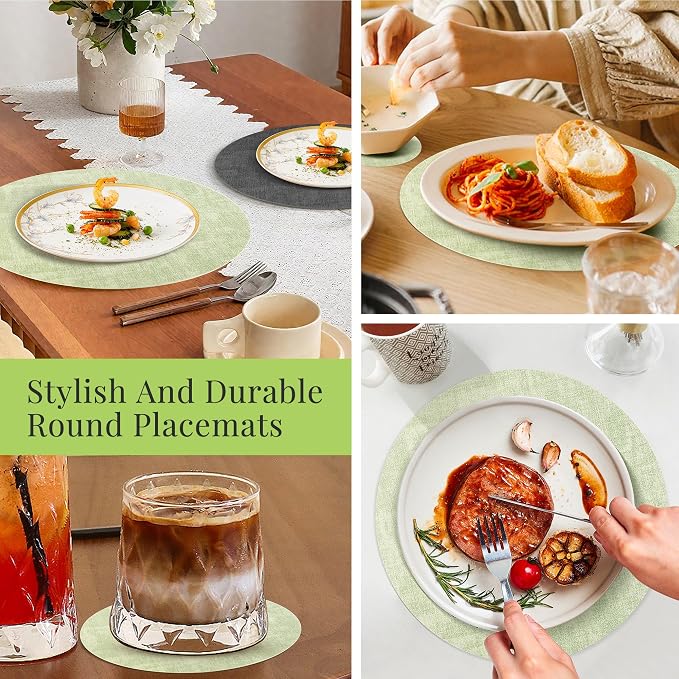 13-Inch Faux Leather Round Placemats Set of 12, Waterproof Anti-Slip Dual Sided Place mats, Heat Resistant Washable Table Mats with Coaster, Suitable for Indoor & Outdoor (12, Black Light Green)