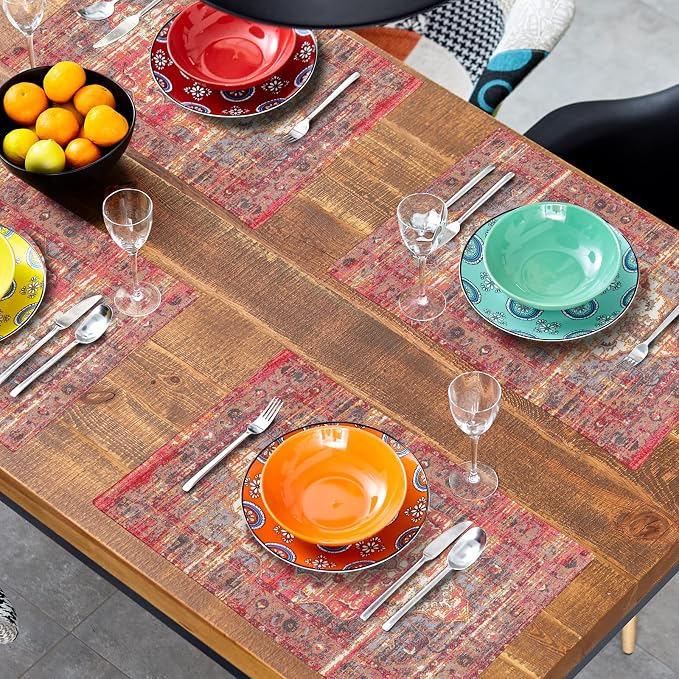 Rust Red Ethnic Boho Placemats Set of 4 Bohemian Carpet Vintage Linen Washable Kitchen Dining Southwestern Table Mats Stain Heat-Resistant Desktop Decor Place Mats for Home Party Indoor 12x18 in
