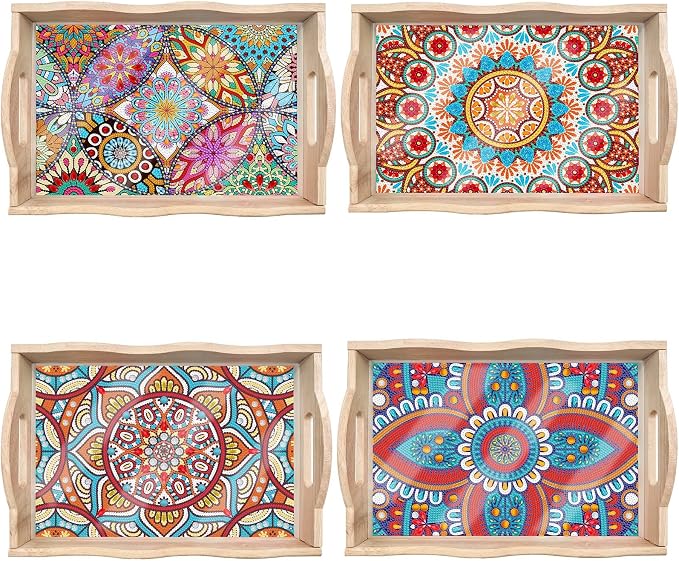 Generic 4Pcs DIY Diamond Serving Tray Rectangular Upgrade Increase Breakfast Tray with Handles Handmade Diamond Art Painting Wooden Tray Dinner Plate for Coffee Living Room Home Organizer