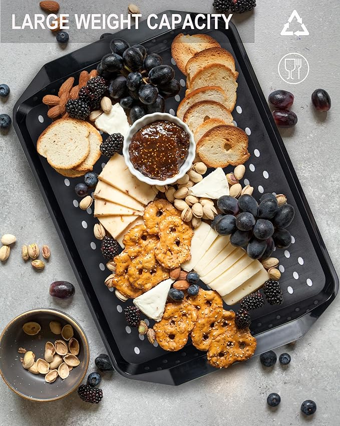 Large Non Slip Serving Tray with Grippy Dots, TV Lap Trays for Eating on Couch, Meal Serve for Dinner Breakfast, Rectangular Food Carrying for Plates, Glasses, Dishes, Set of 2,Black and White