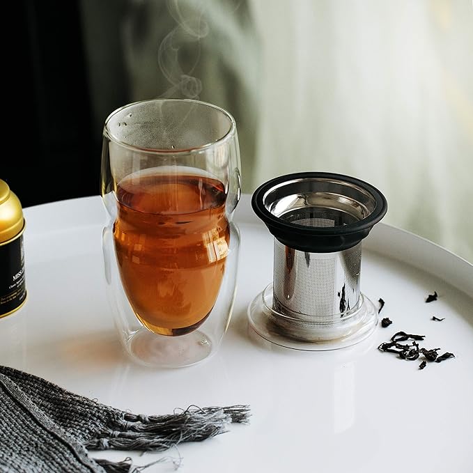 BTaT- Double Wall Glass Tea Cup With Stainless Steel Infuser and Lid, 16 oz, Borosilicate Glass Tea Mug Infuser, Gifts for Tea Lovers