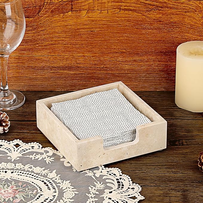 Sumnacon Travertine Cocktail Napkin Holder for Table, 6.2" x 6.2", Square Napkin Holders Small Napkin Tray, Flat Modern Napkin Dispenser for Kitchen, Countertop, Dining Table, Party, Bar