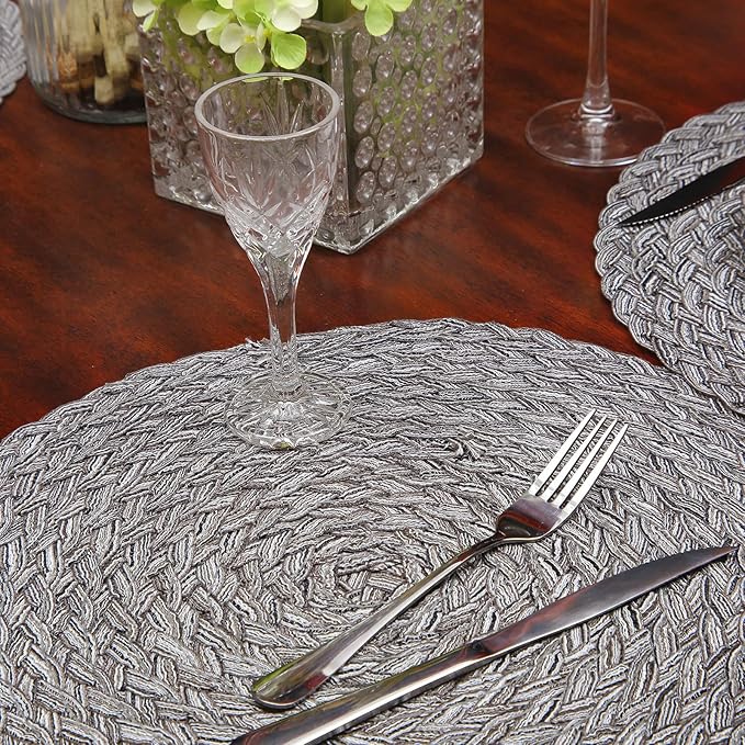 Topotdor Round Placemats Heat-Resistant Stain Resistant Anti-Skid Washable Polyproplene Table Mats Placemats (Set of 6, Braided-Gray)