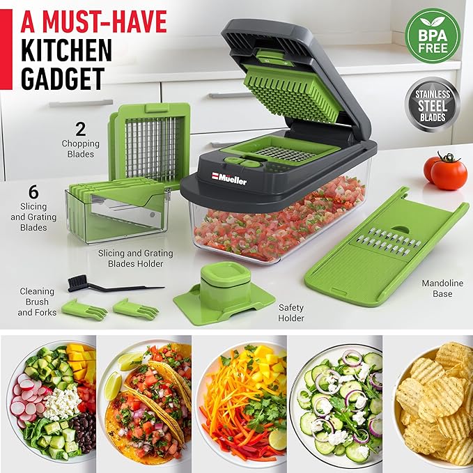 Mueller Pro-Series 10-in-1, 8 Blade Vegetable Chopper, Onion Mincer, Cutter, Dicer, Egg Slicer with Container, French Fry Cutter Potato Slicer, Home Essentials, Salad Chopper,Gray/Green